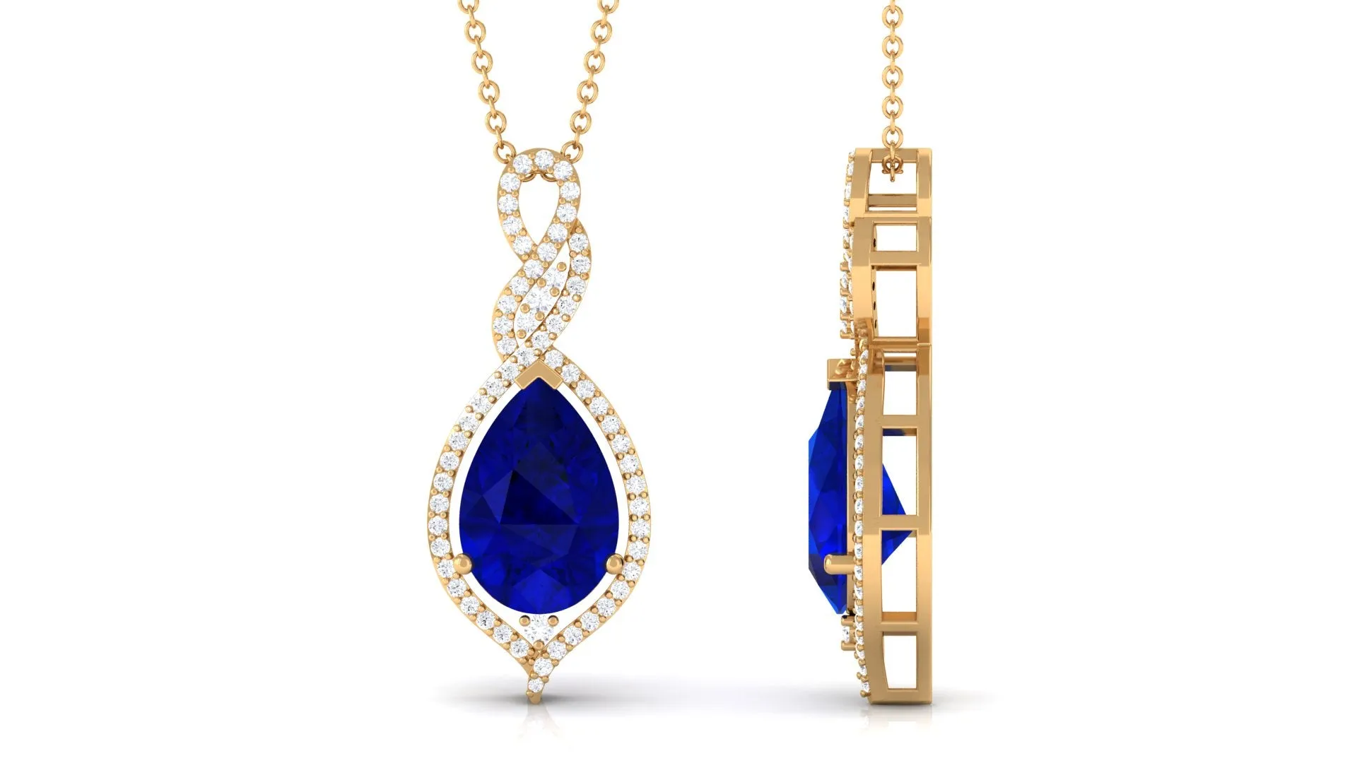 Pear Cut Created Blue Sapphire and Diamond Teardrop Pendant