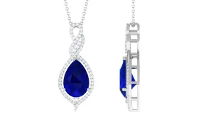 Pear Cut Created Blue Sapphire and Diamond Teardrop Pendant