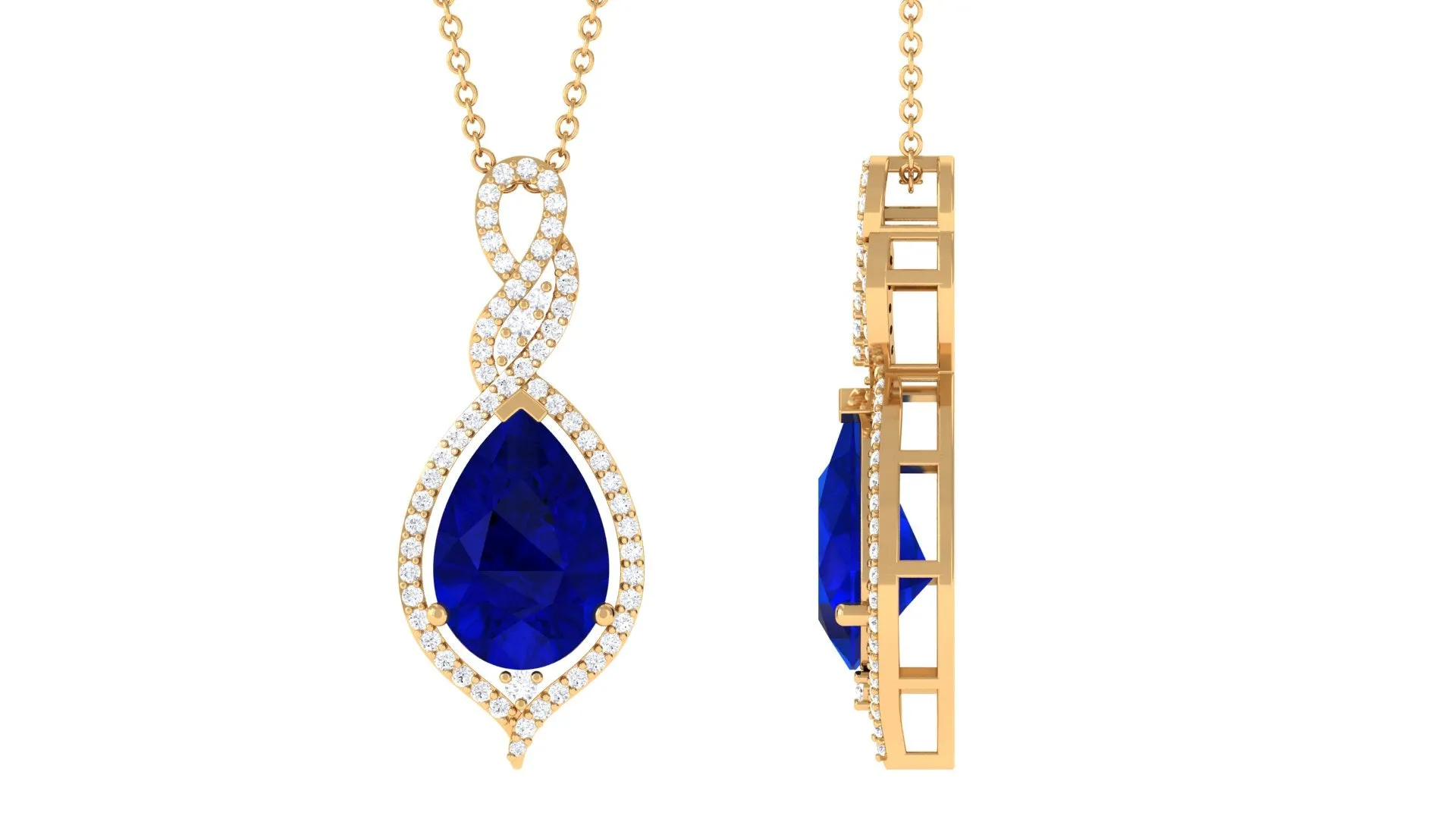 Pear Cut Created Blue Sapphire and Diamond Teardrop Pendant