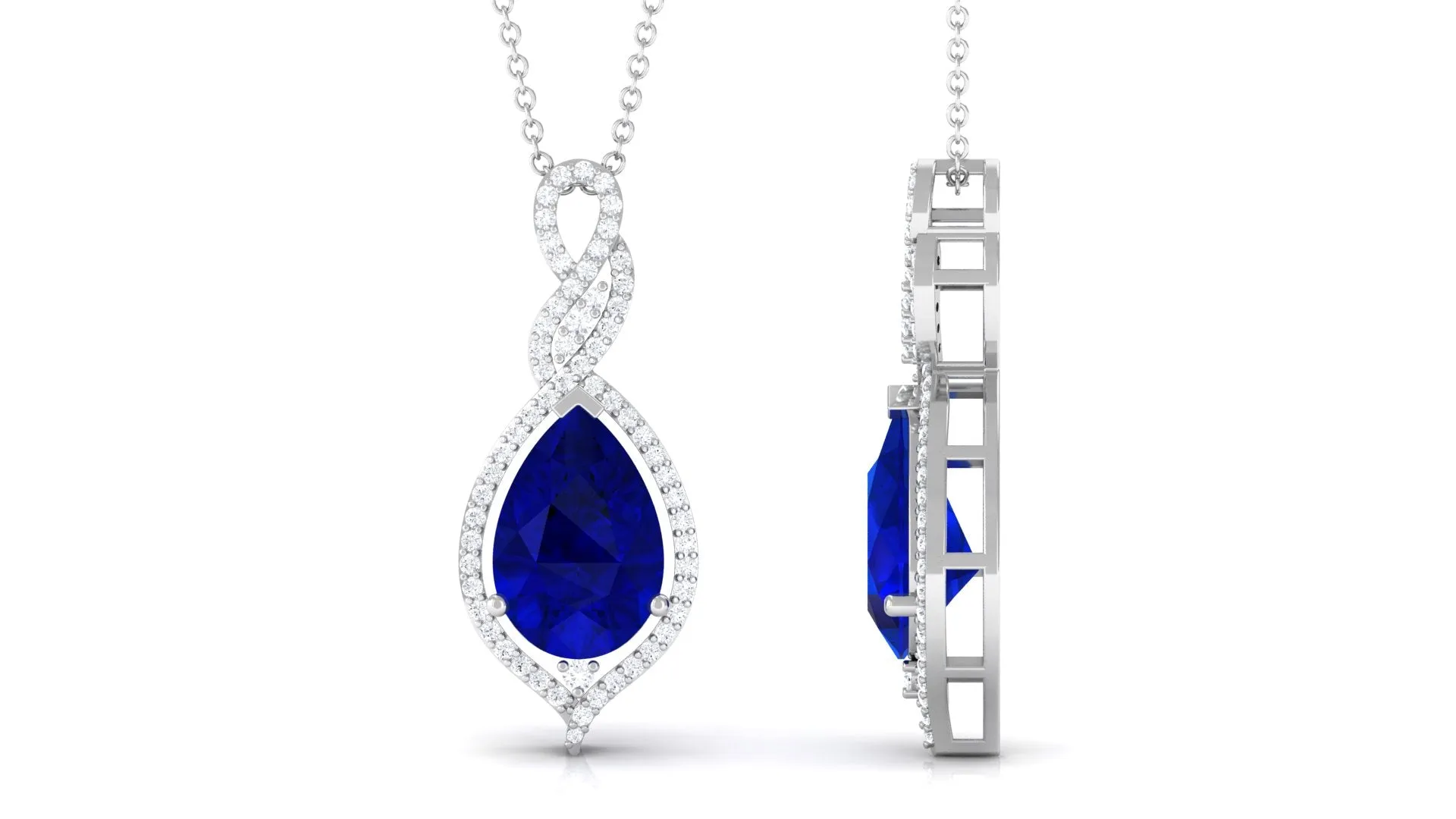Pear Cut Created Blue Sapphire and Diamond Teardrop Pendant