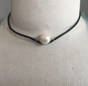 Pearl Leather Choker Necklace/Earring Set | AAA 13mm  Freshwater Cultured