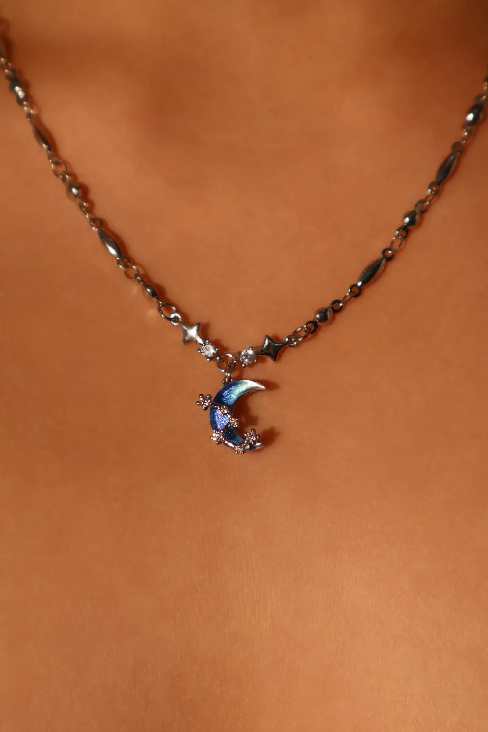 Platinum Plated Moonstone Moon Star Necklace