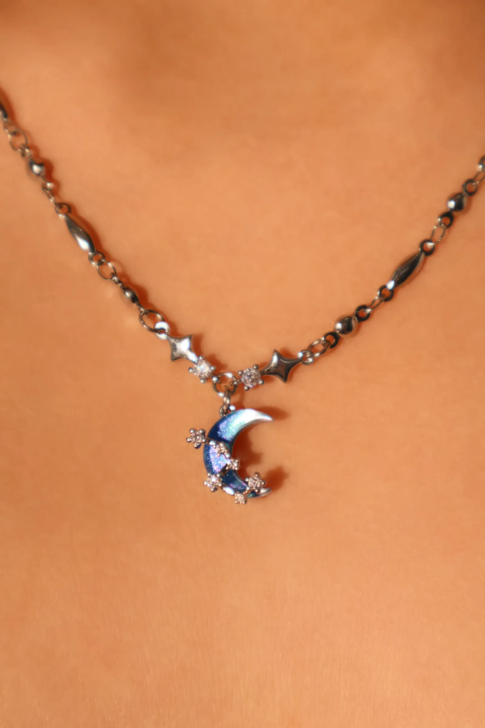 Platinum Plated Moonstone Moon Star Necklace