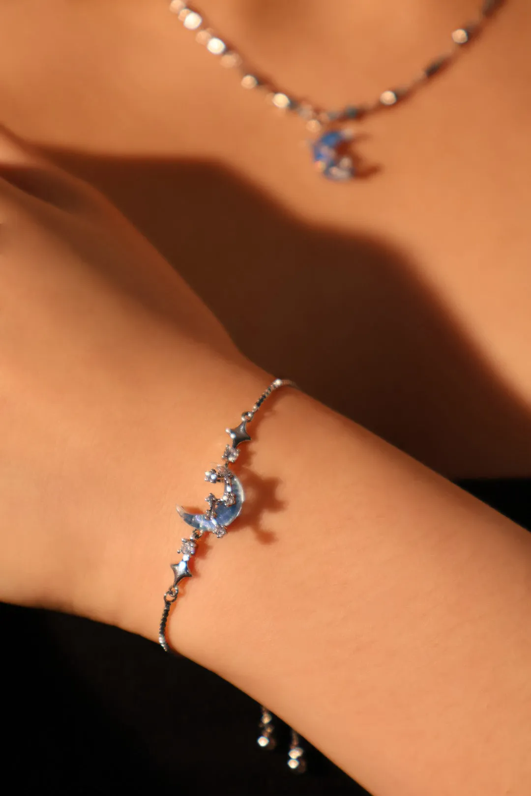 Platinum Plated Moonstone Moon Star Necklace