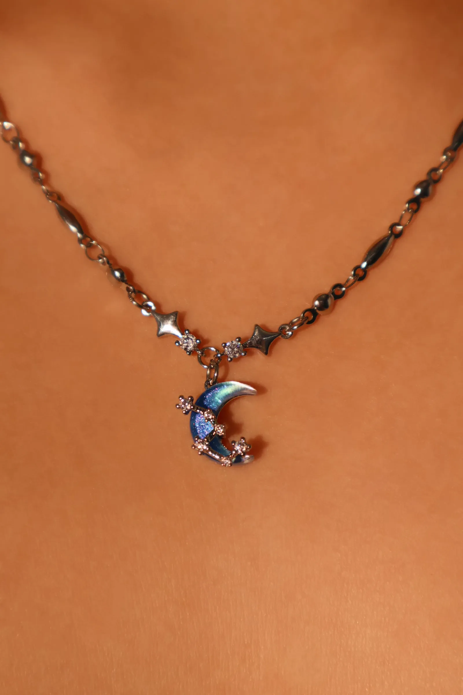 Platinum Plated Moonstone Moon Star Necklace
