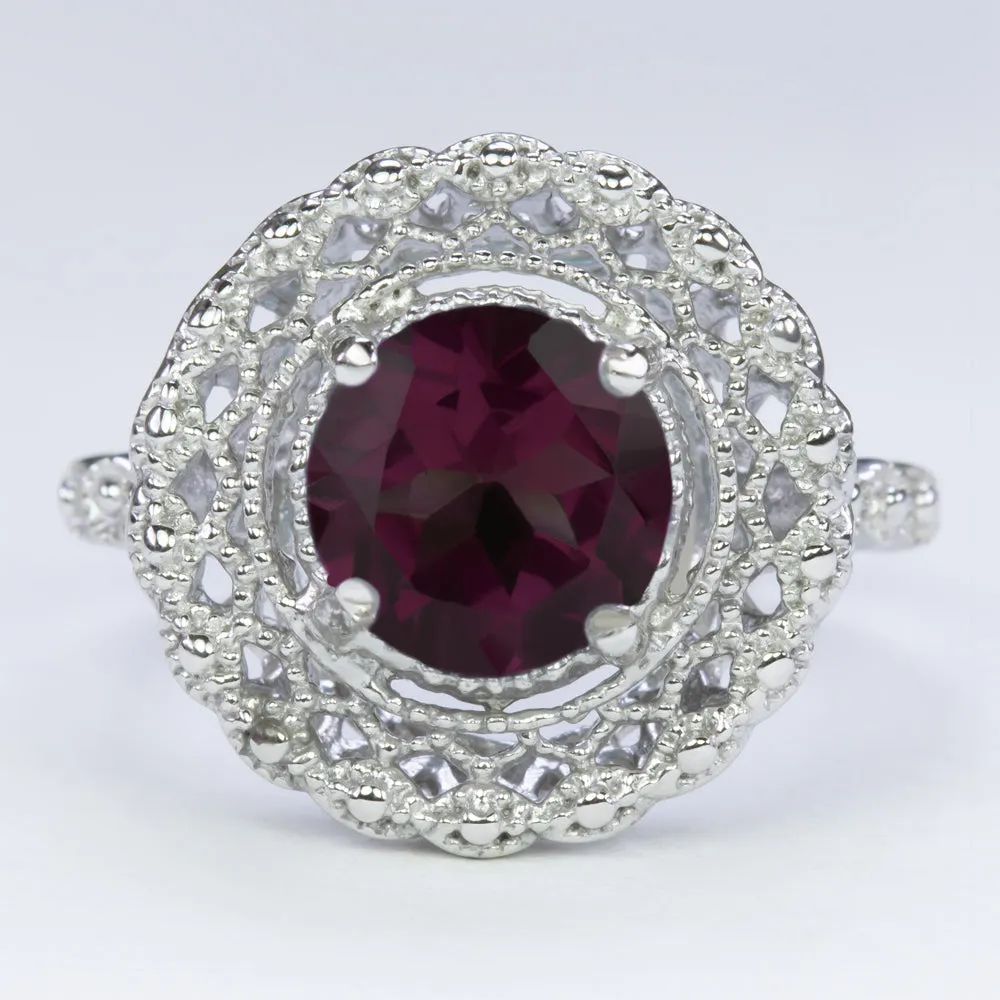 RHODOLITE GARNET STERLING SILVER RING VINTAGE STYLE FILIGREE HALO ROUND ART DECO