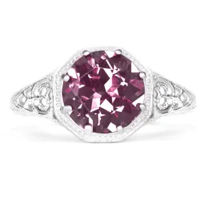 RHODOLITE GARNET STERLING SILVER VINTAGE STYLE SOLITAIRE RING ART DECO FILIGREE
