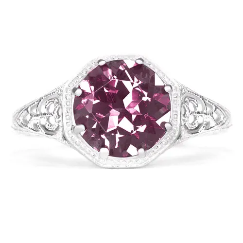 RHODOLITE GARNET STERLING SILVER VINTAGE STYLE SOLITAIRE RING ART DECO FILIGREE