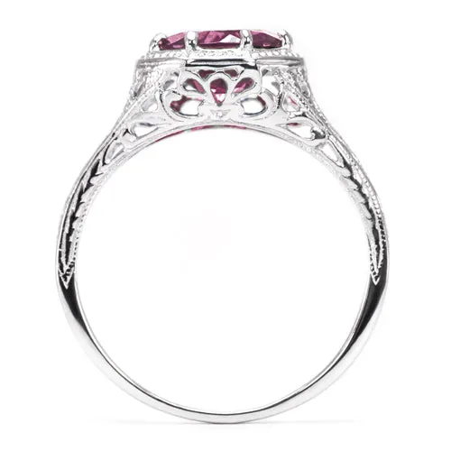 RHODOLITE GARNET STERLING SILVER VINTAGE STYLE SOLITAIRE RING ART DECO FILIGREE