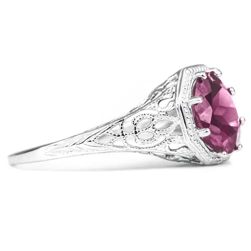 RHODOLITE GARNET STERLING SILVER VINTAGE STYLE SOLITAIRE RING ART DECO FILIGREE