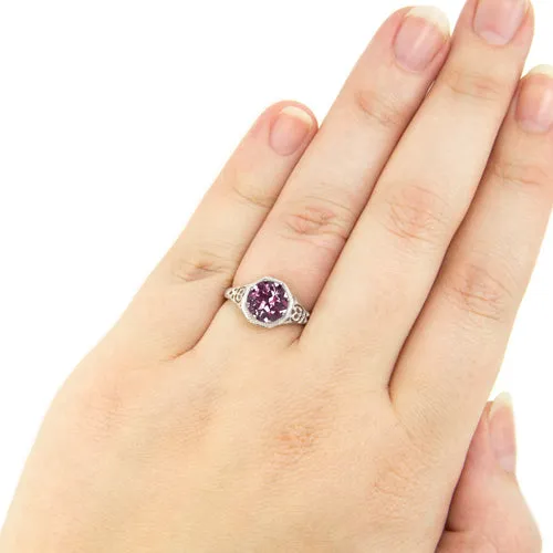 RHODOLITE GARNET STERLING SILVER VINTAGE STYLE SOLITAIRE RING ART DECO FILIGREE