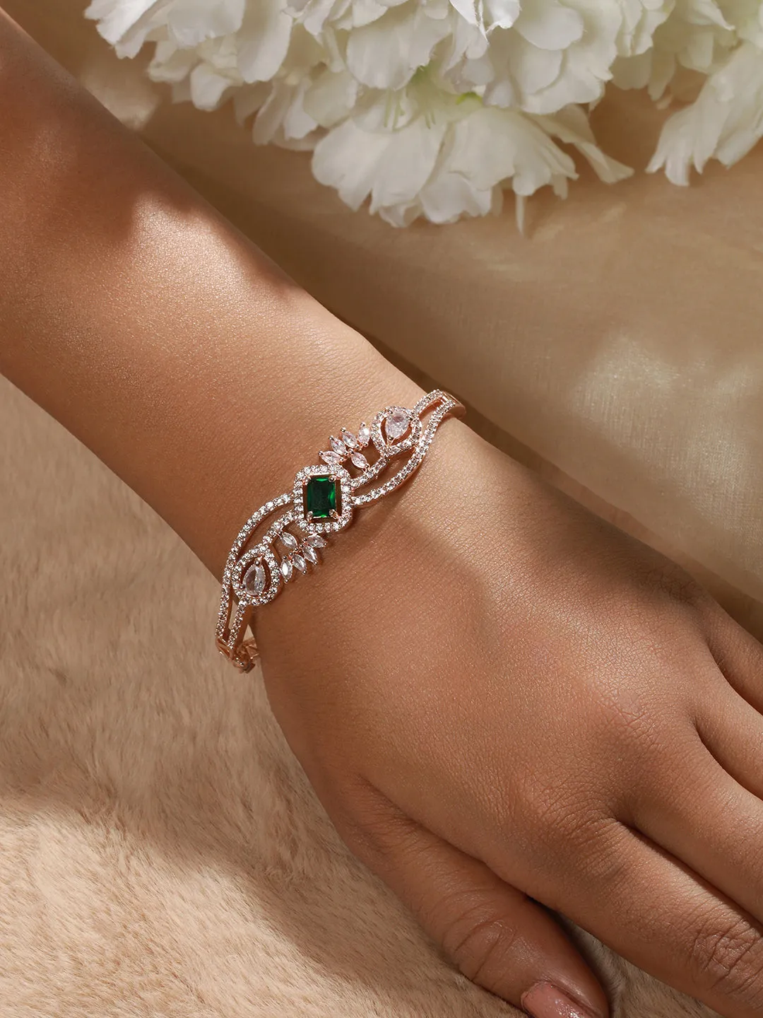 Rose Gold Plated & Green American Diamond Studded Bangle Link Bracelet