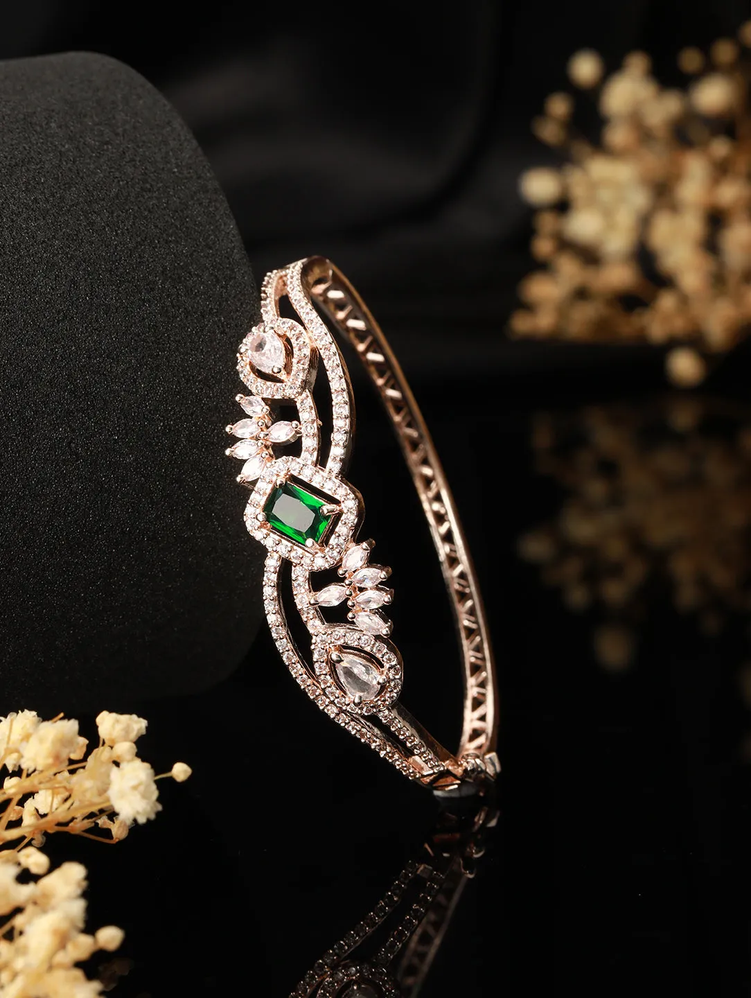 Rose Gold Plated & Green American Diamond Studded Bangle Link Bracelet