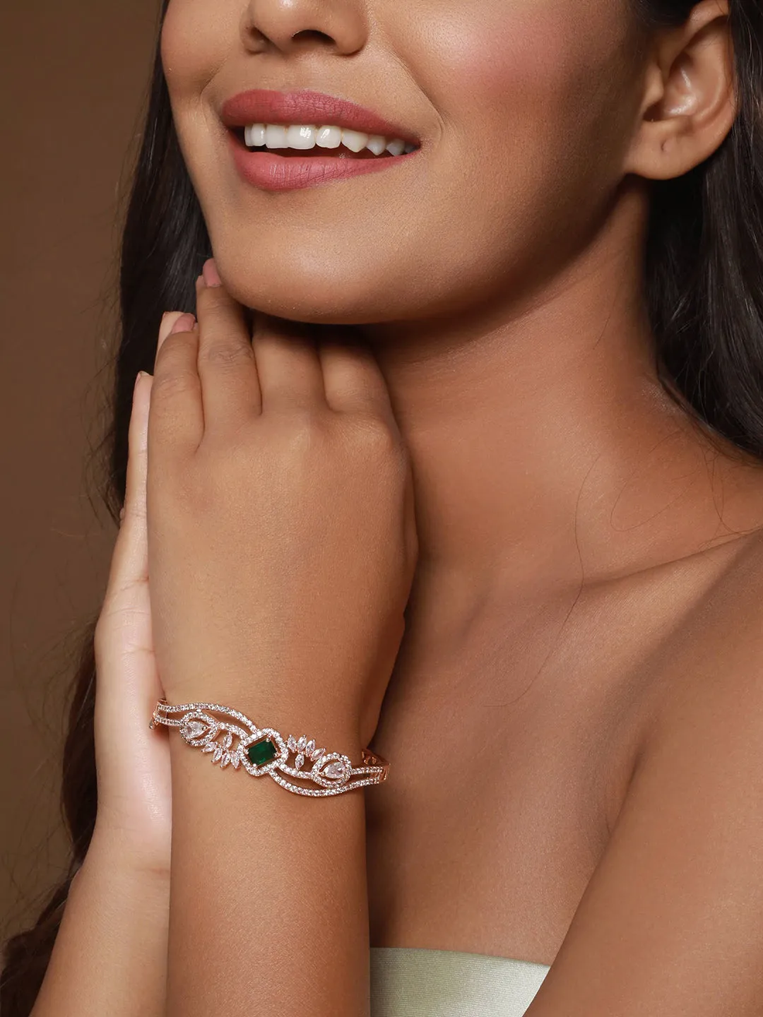 Rose Gold Plated & Green American Diamond Studded Bangle Link Bracelet