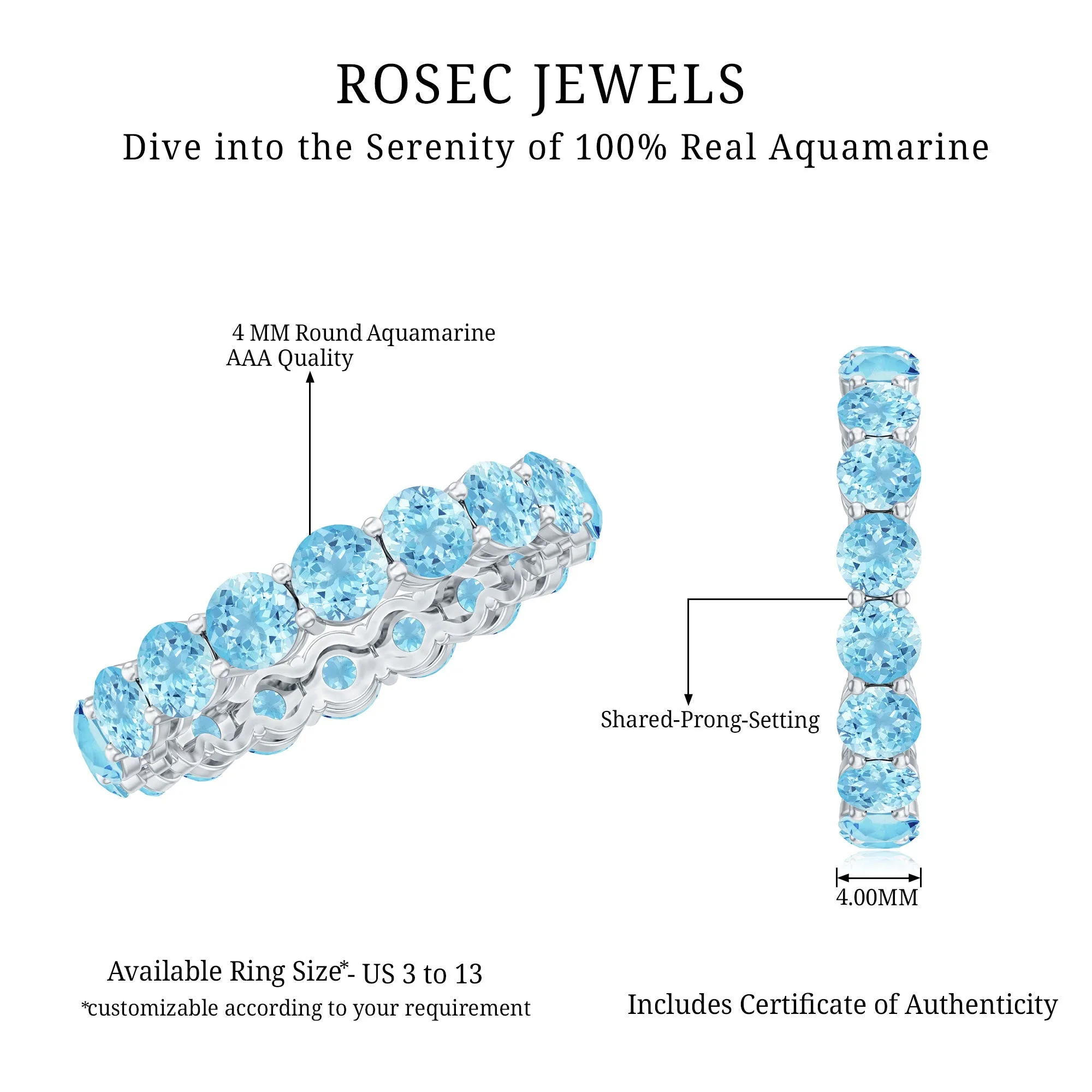 Shared Prong Set Natural Aquamarine Eternity Ring