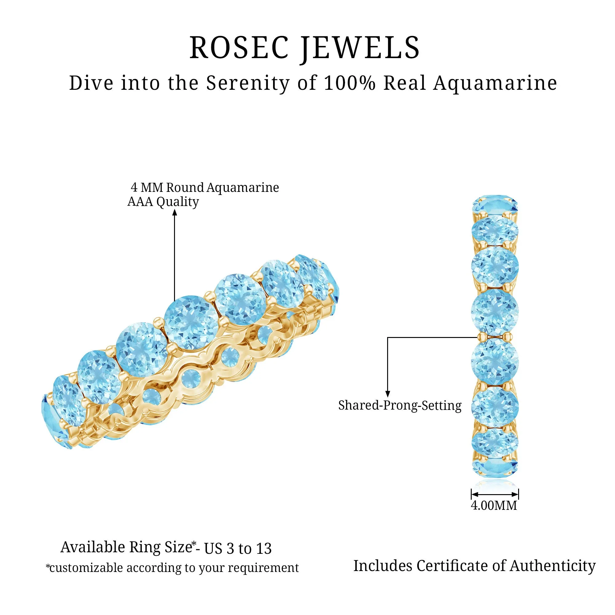 Shared Prong Set Natural Aquamarine Eternity Ring