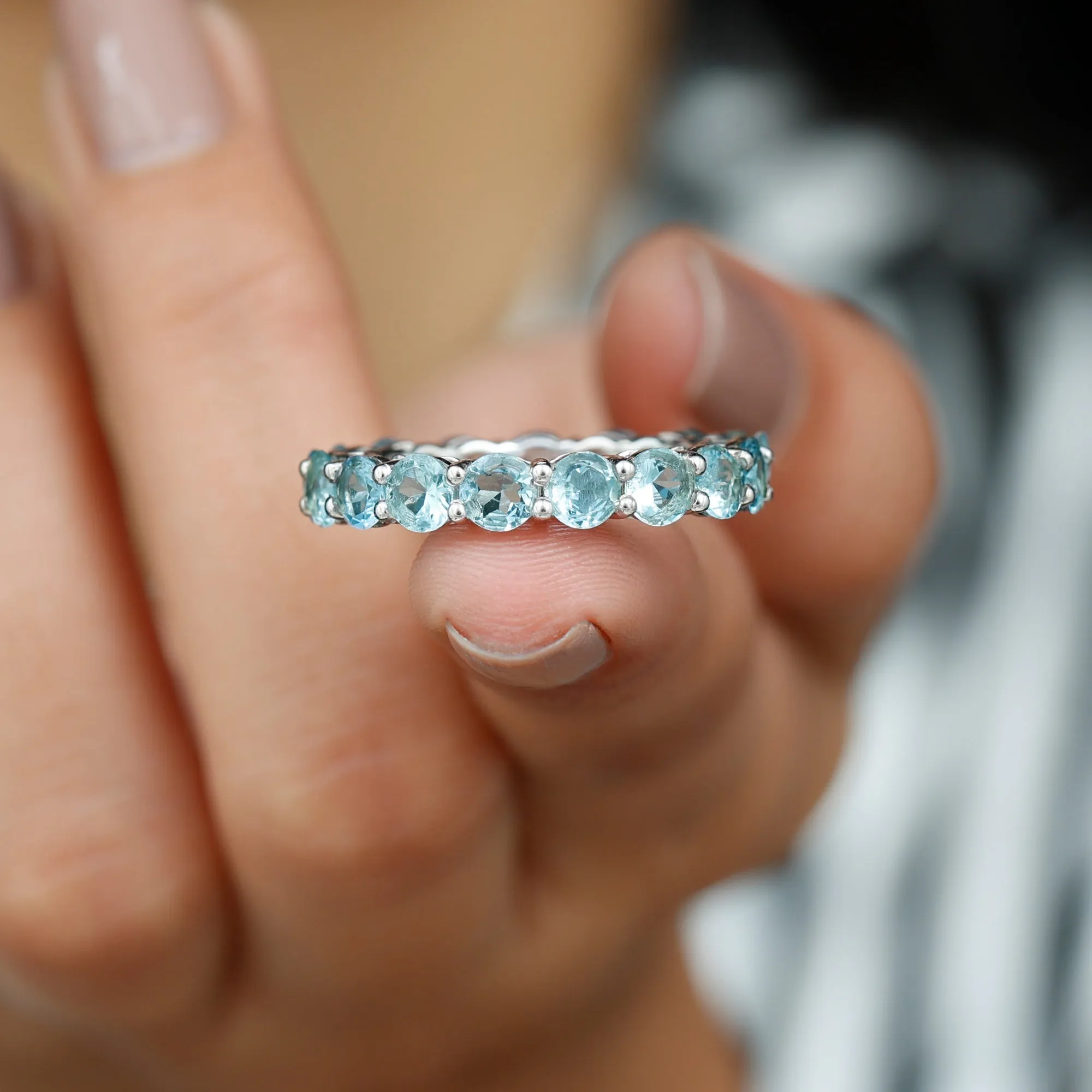 Shared Prong Set Natural Aquamarine Eternity Ring