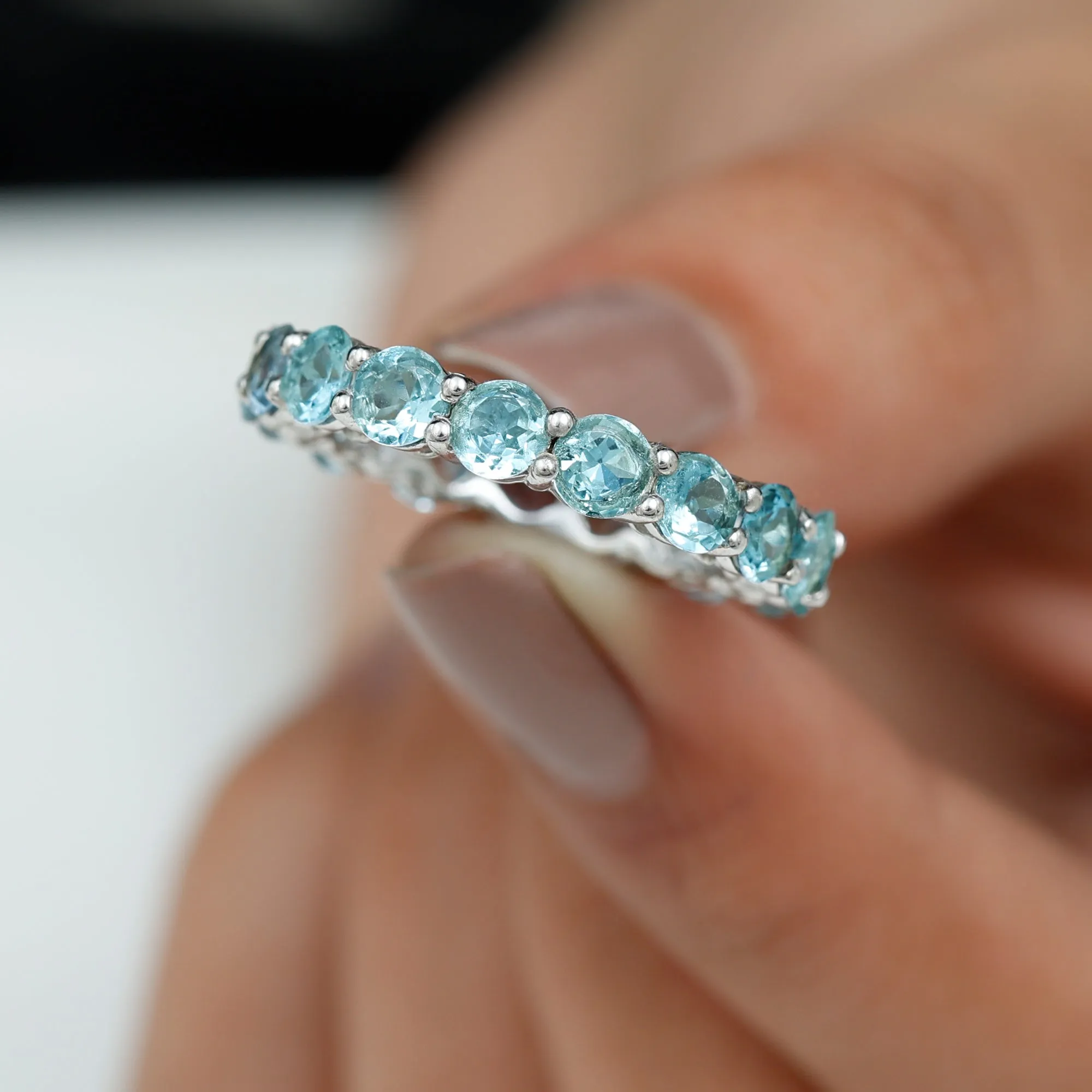 Shared Prong Set Natural Aquamarine Eternity Ring