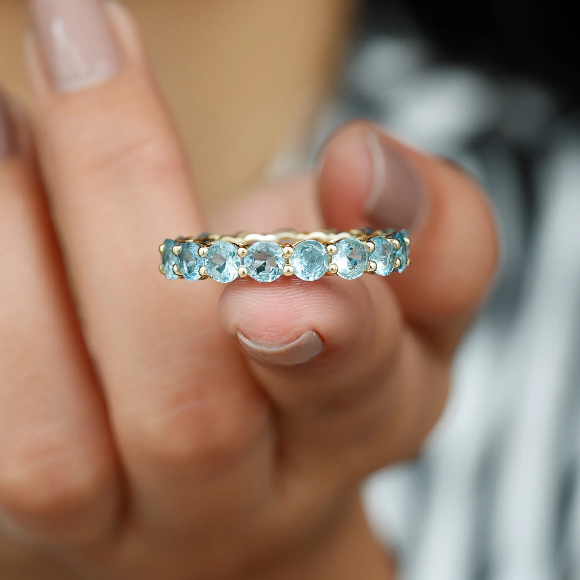 Shared Prong Set Natural Aquamarine Eternity Ring