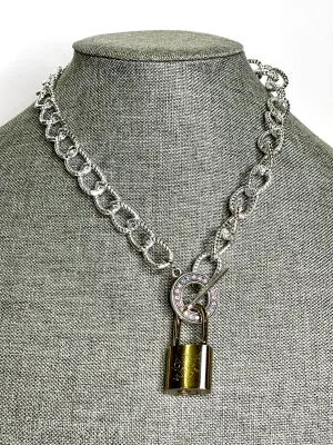 Silver textured Lock & Chain necklace in silver toggle AB Rhinestone