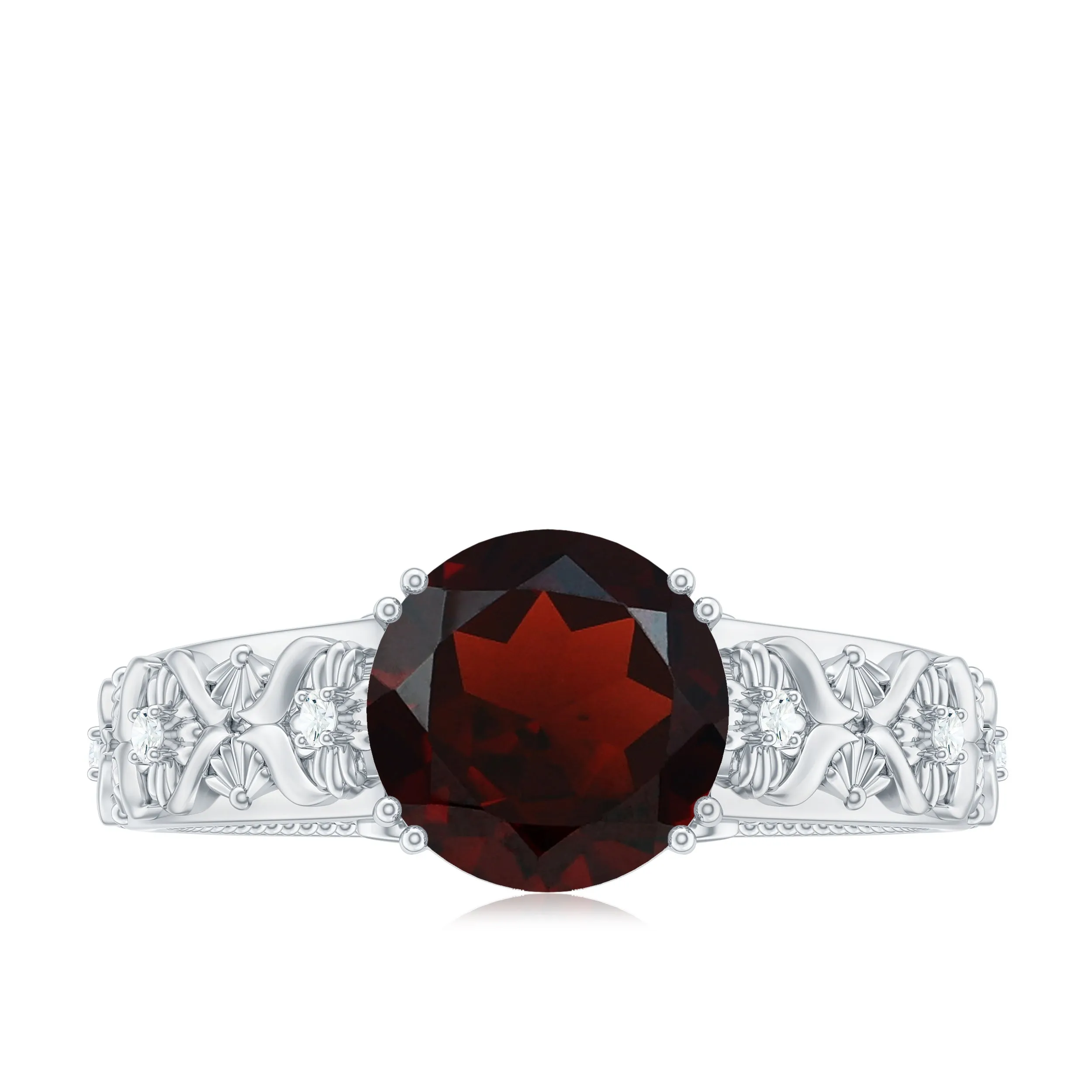 Solitaire Garnet Flower Engagement Ring with Diamond