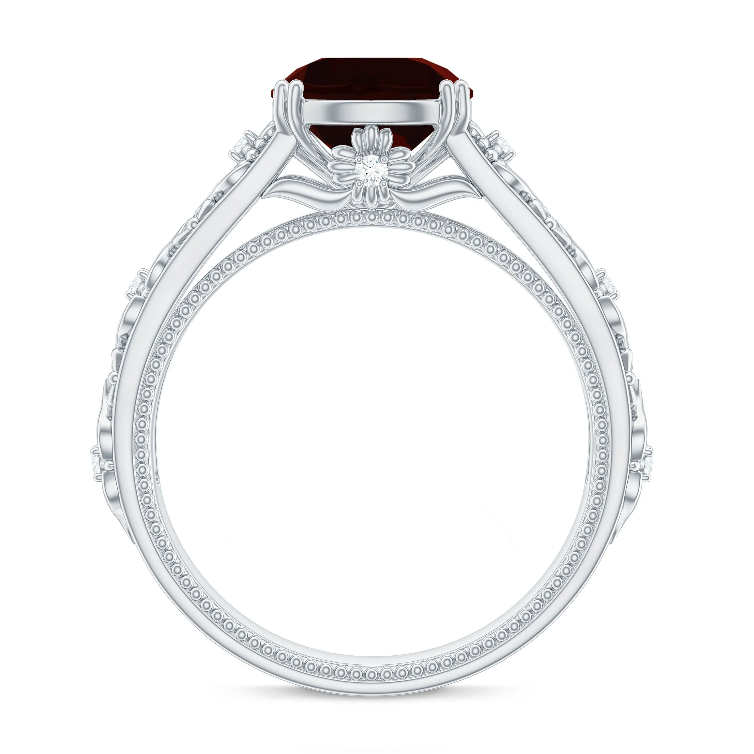 Solitaire Garnet Flower Engagement Ring with Diamond