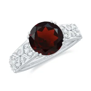Solitaire Garnet Flower Engagement Ring with Diamond