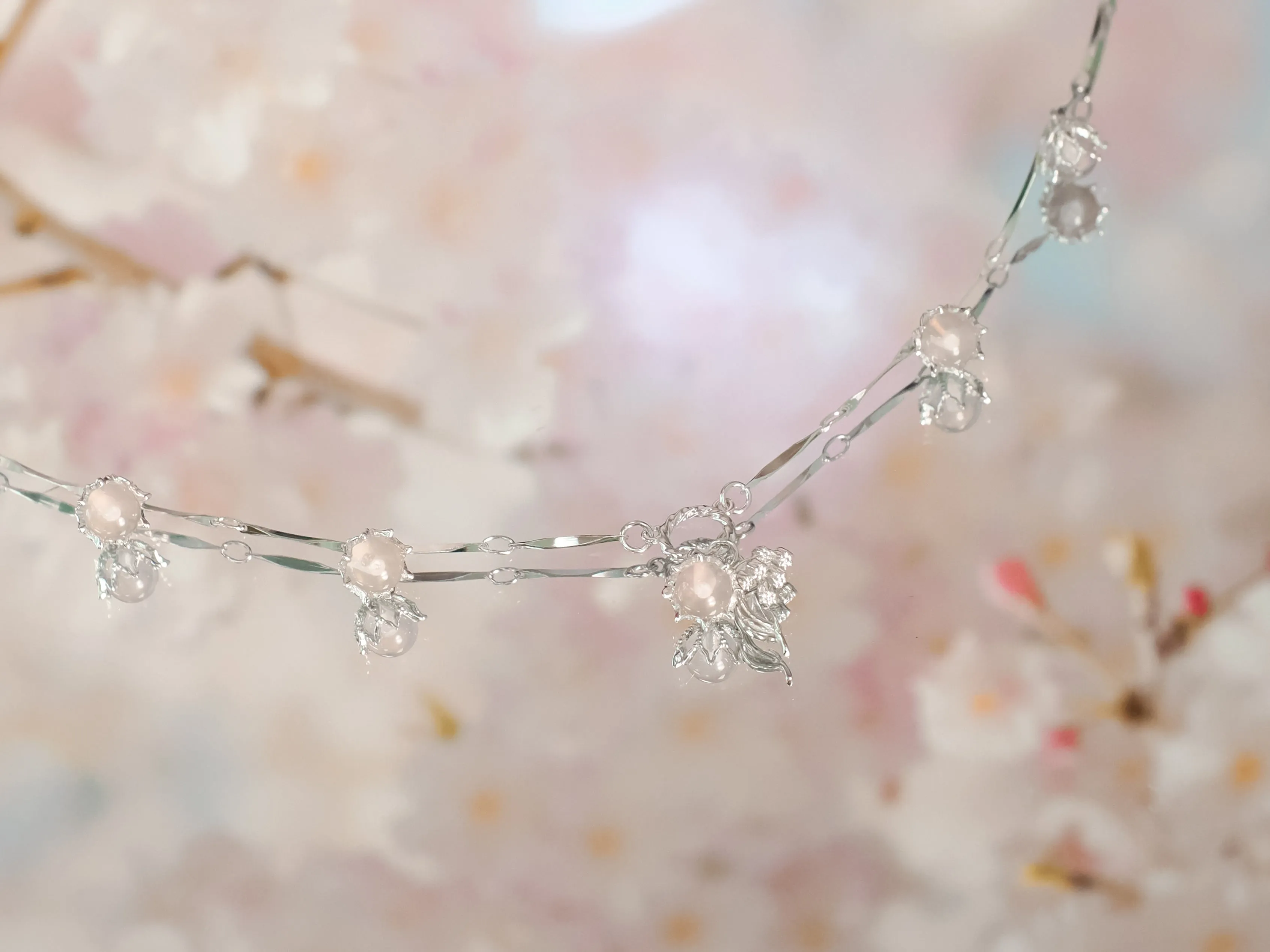 (Special Edition) Moonstone, Sunstone, Amethyst, Blue Topaz, Rose Quartz Silver Dangle Choker - Lily of the Valley