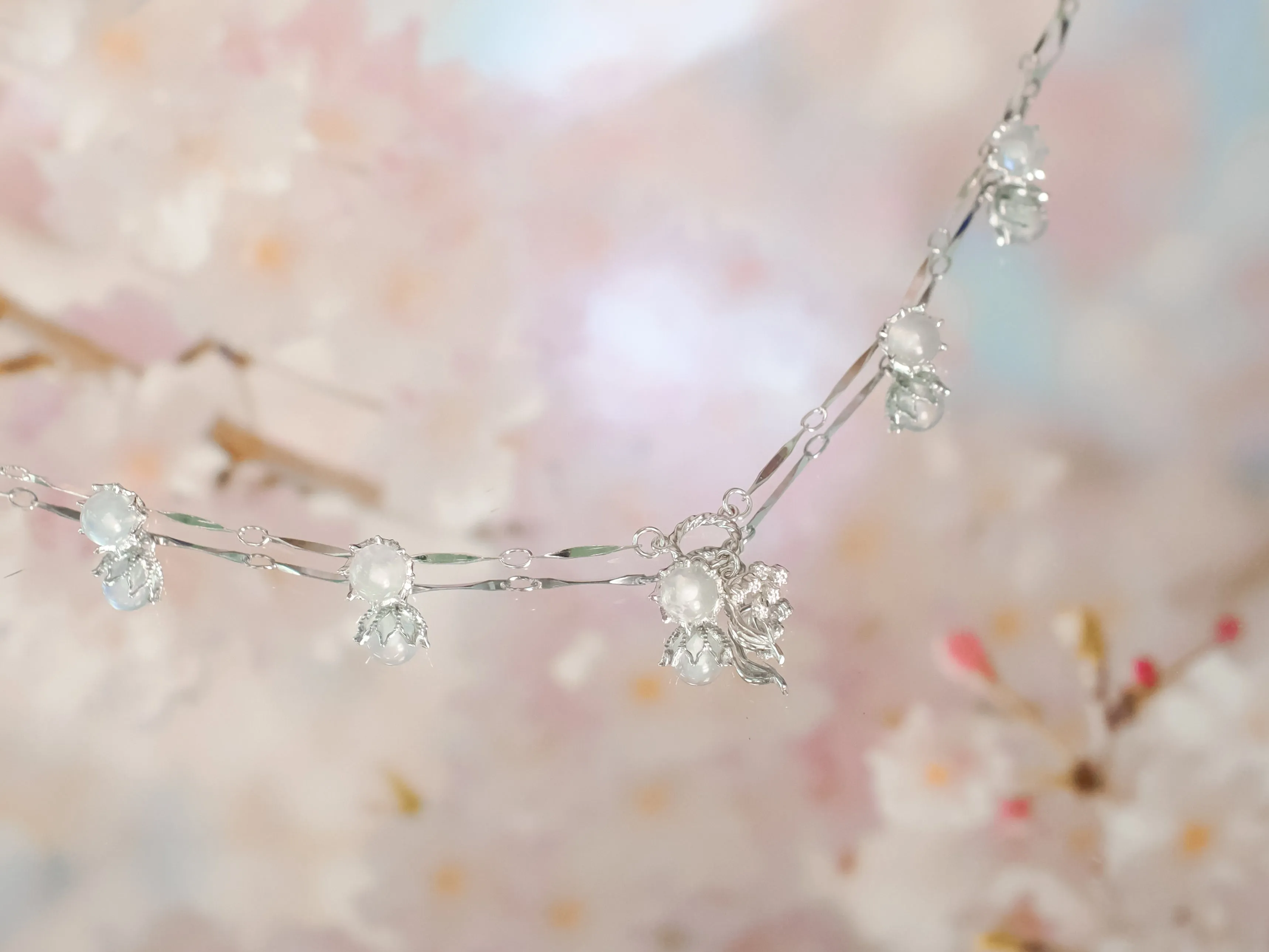 (Special Edition) Moonstone, Sunstone, Amethyst, Blue Topaz, Rose Quartz Silver Dangle Choker - Lily of the Valley