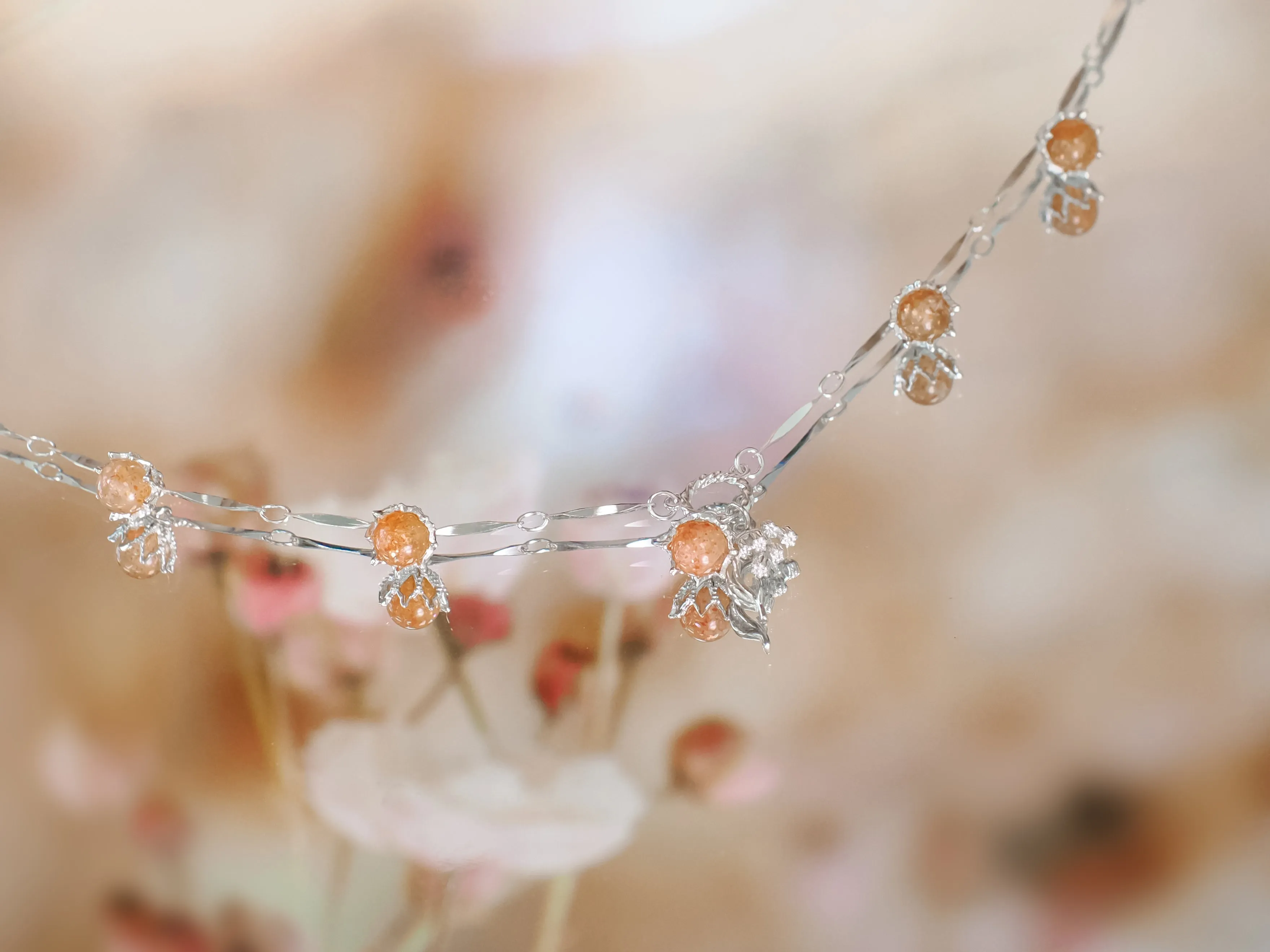 (Special Edition) Moonstone, Sunstone, Amethyst, Blue Topaz, Rose Quartz Silver Dangle Choker - Lily of the Valley