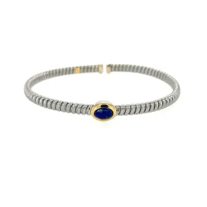 Stainless Steel Blue Lapis Bangle w/ Sterling Silver & 18KY Accents