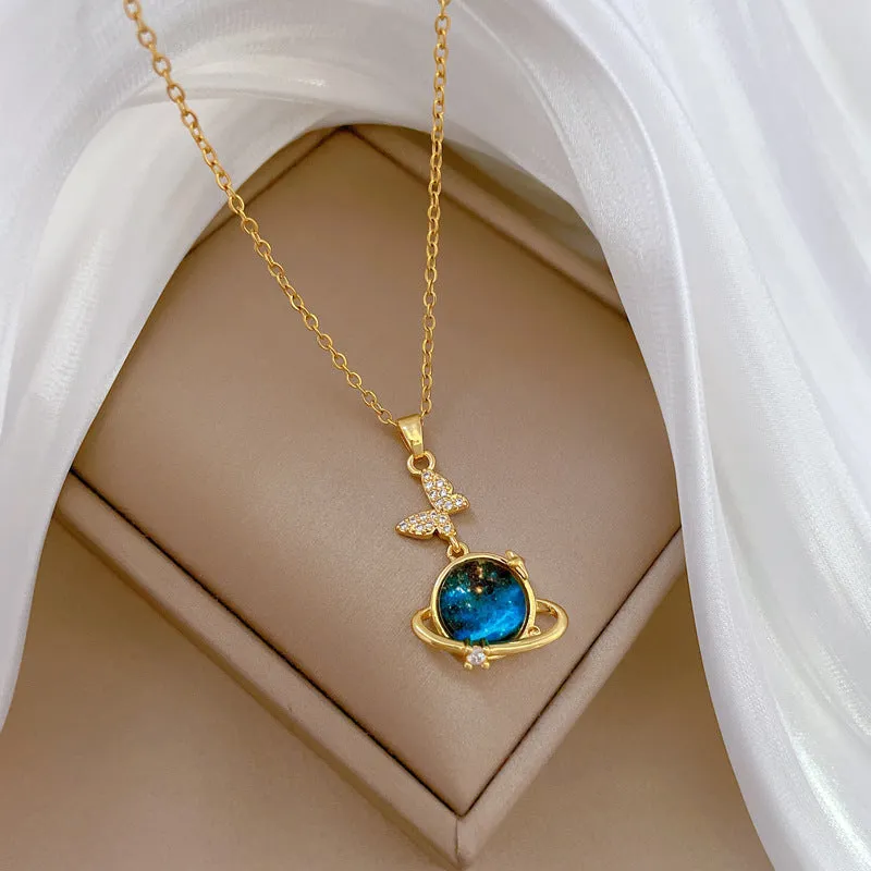 Stainless Steel Starry Sky Planet Astronaut Necklace For Women Light Luxurious Temperament Star Metal Chain Jewelry Gift