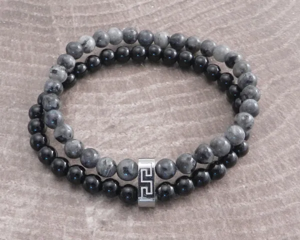 Stone Steel and Black Bead 2row Turquois Bracelet