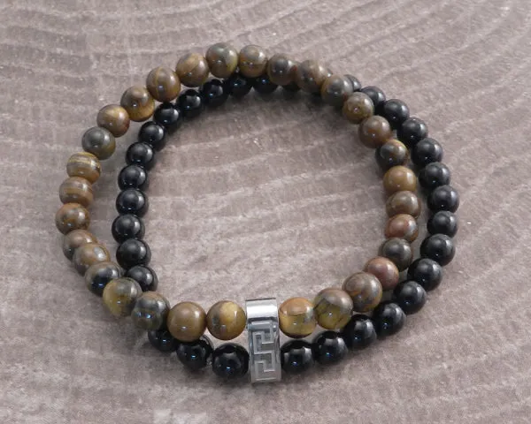 Stone Steel and Black Bead 2row Turquois Bracelet
