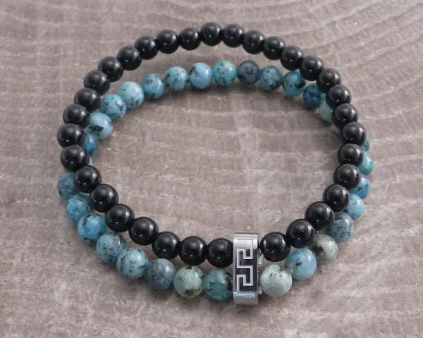 Stone Steel and Black Bead 2row Turquois Bracelet