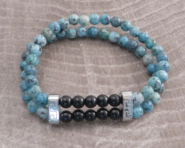 Stone Steel and Black Bead 2row Turquois Bracelet