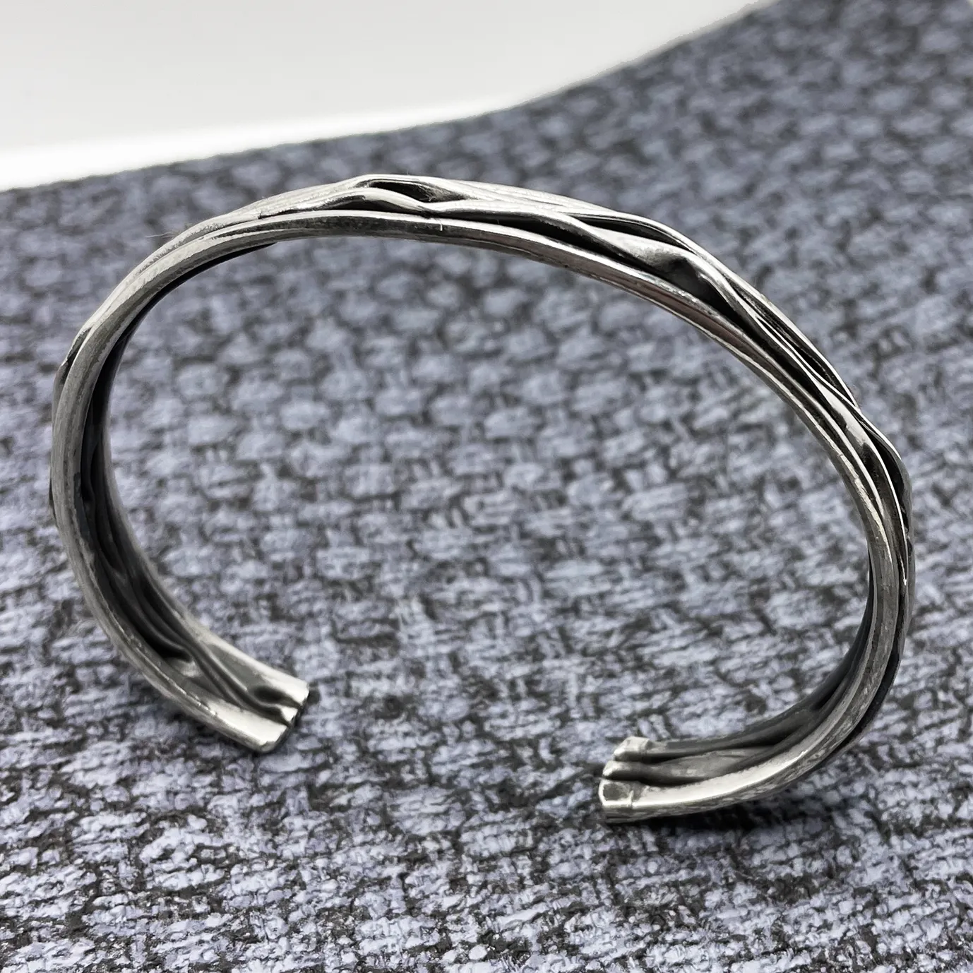 Uisce - Corrugated Oxidised Narrow Cuff Silver Bracelet