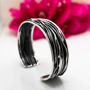 Uisce - Corrugated Oxidised Wide Cuff Silver Bracelet