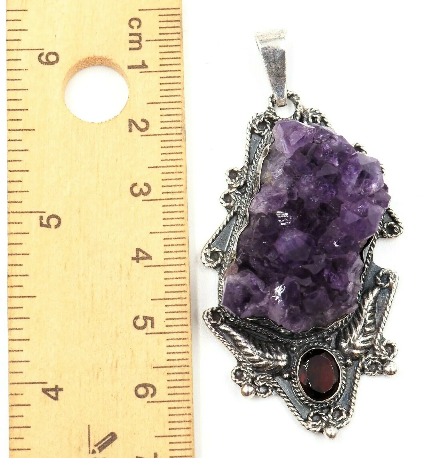 Unique Amethyst & Garnet 925 Sterling Silver Pendant Lovely Navaho Styling
