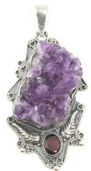 Unique Amethyst & Garnet 925 Sterling Silver Pendant Lovely Navaho Styling