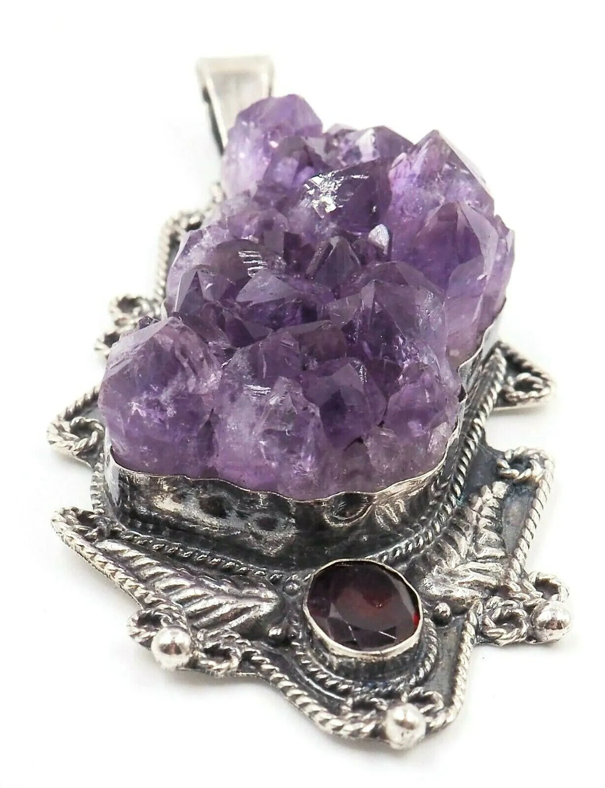 Unique Amethyst & Garnet 925 Sterling Silver Pendant Lovely Navaho Styling
