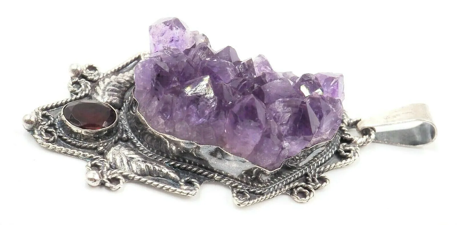 Unique Amethyst & Garnet 925 Sterling Silver Pendant Lovely Navaho Styling