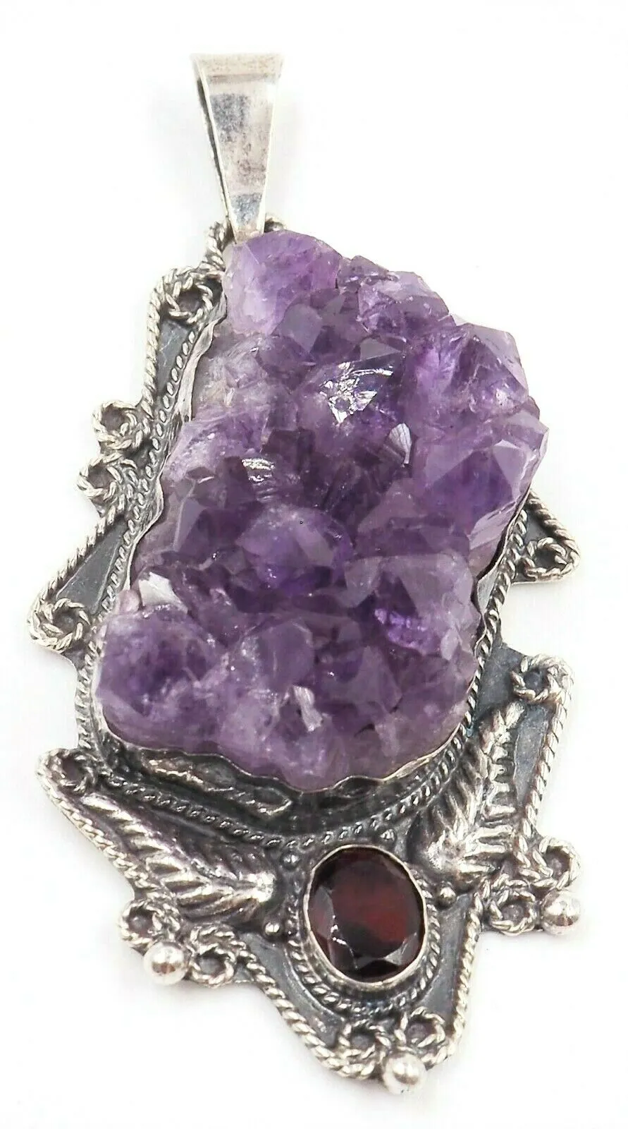 Unique Amethyst & Garnet 925 Sterling Silver Pendant Lovely Navaho Styling