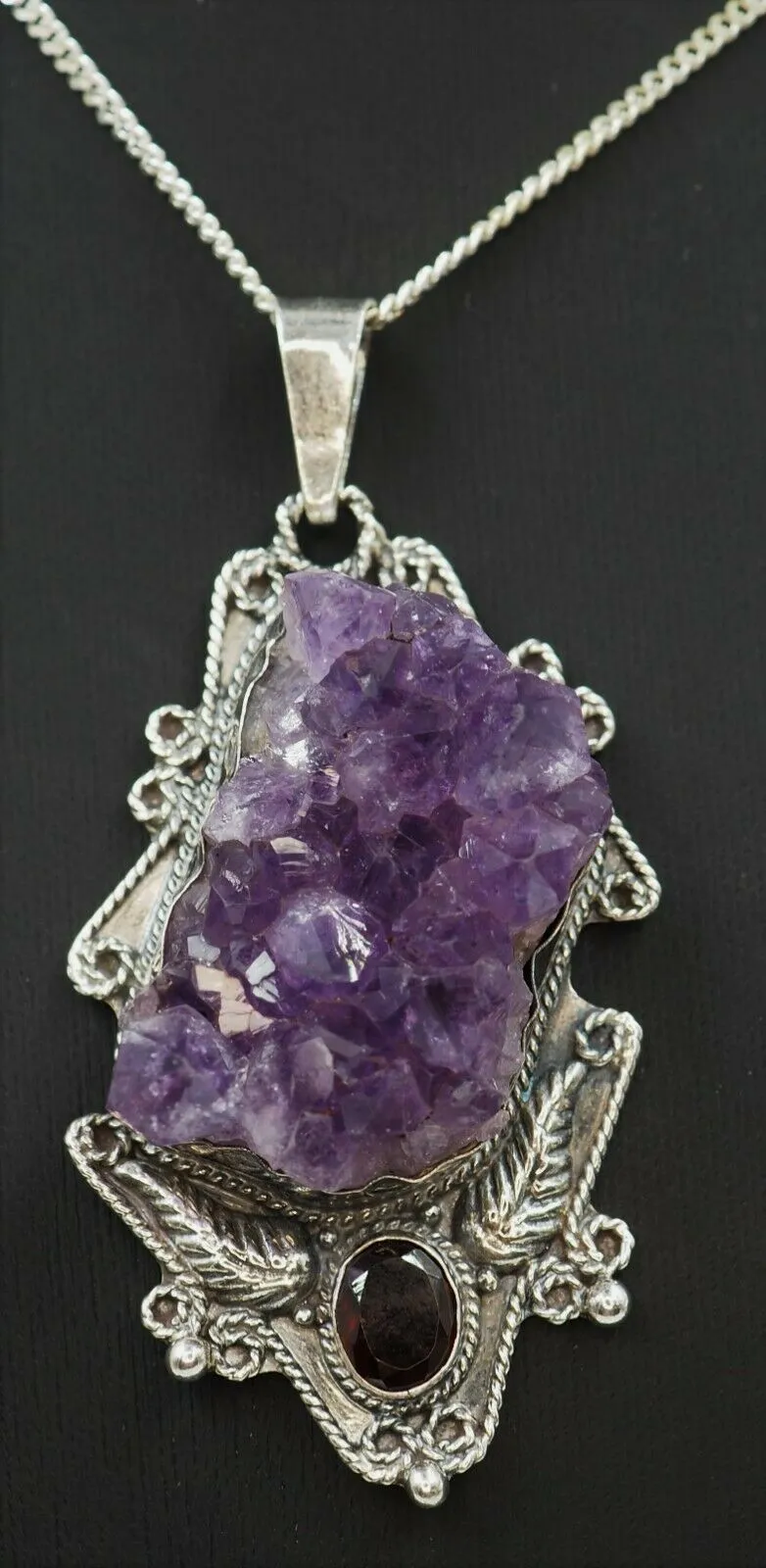 Unique Amethyst & Garnet 925 Sterling Silver Pendant Lovely Navaho Styling