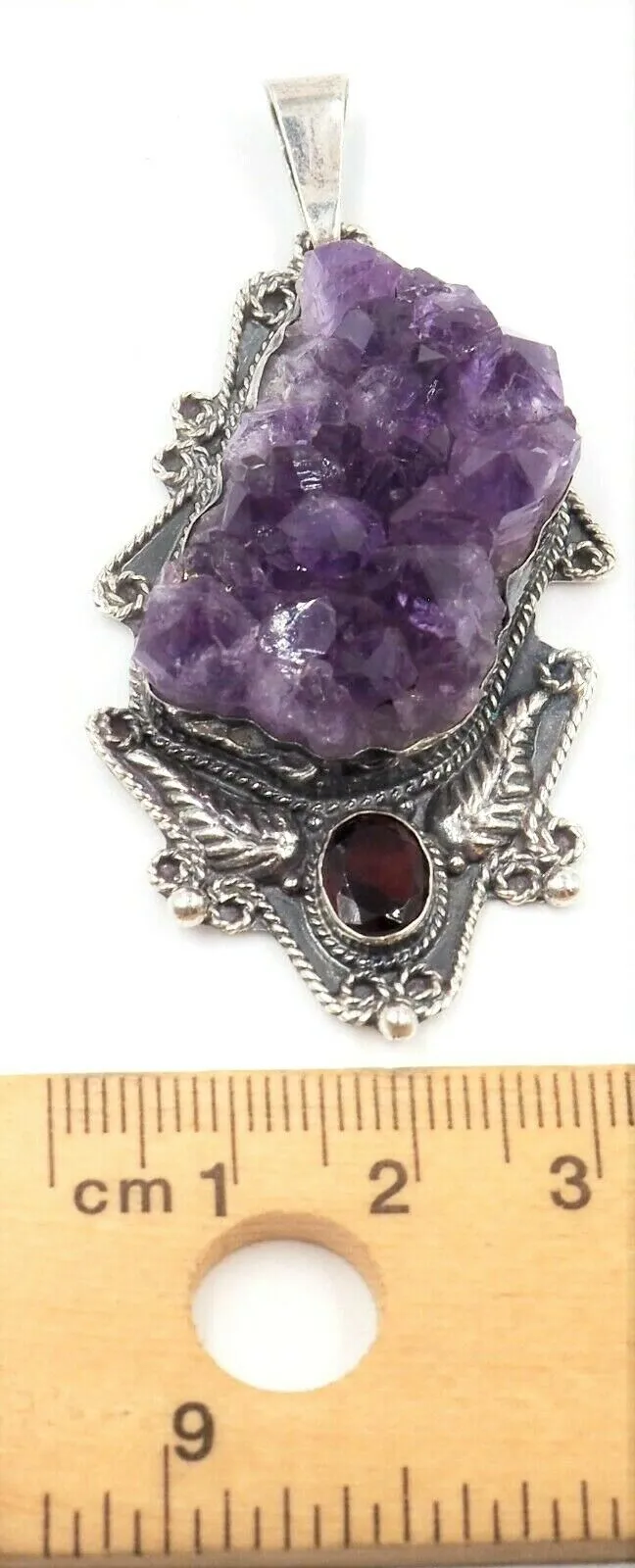 Unique Amethyst & Garnet 925 Sterling Silver Pendant Lovely Navaho Styling