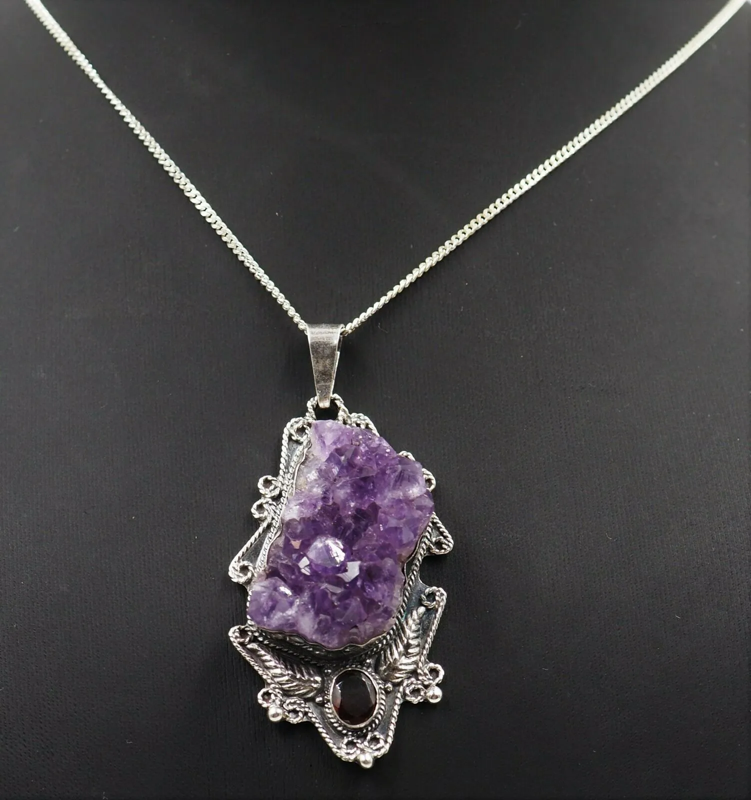 Unique Amethyst & Garnet 925 Sterling Silver Pendant Lovely Navaho Styling