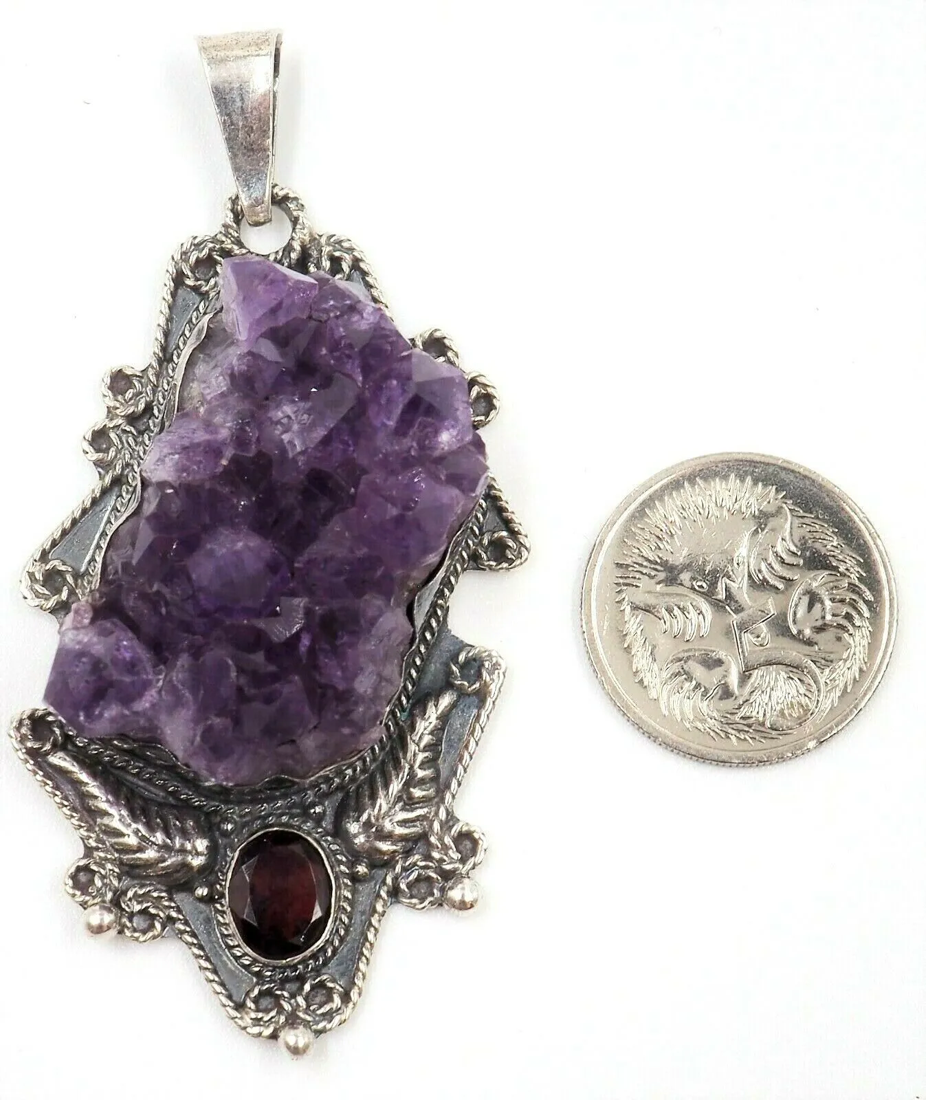 Unique Amethyst & Garnet 925 Sterling Silver Pendant Lovely Navaho Styling