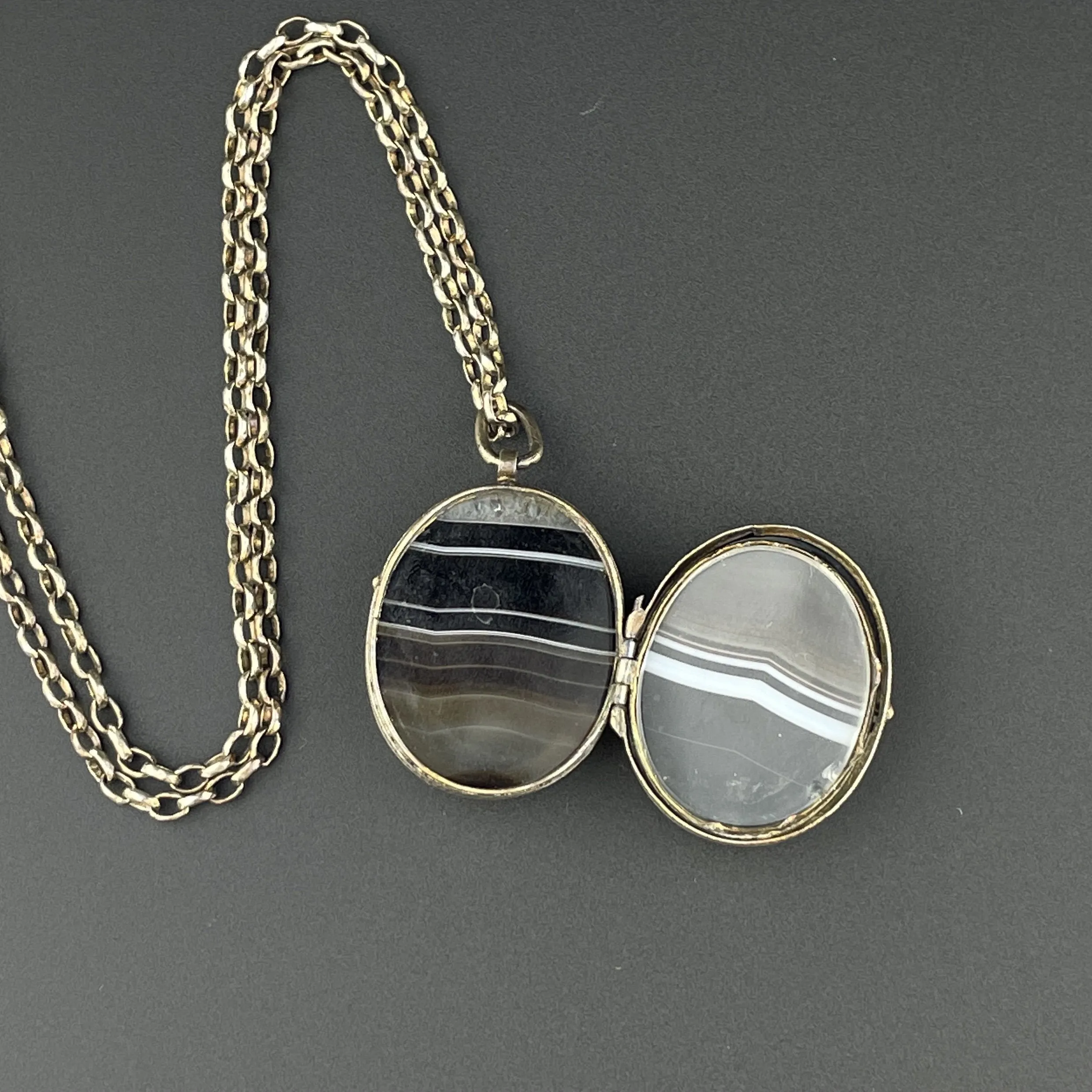 Victorian Silver Banded Agate Locket Pendant Necklace