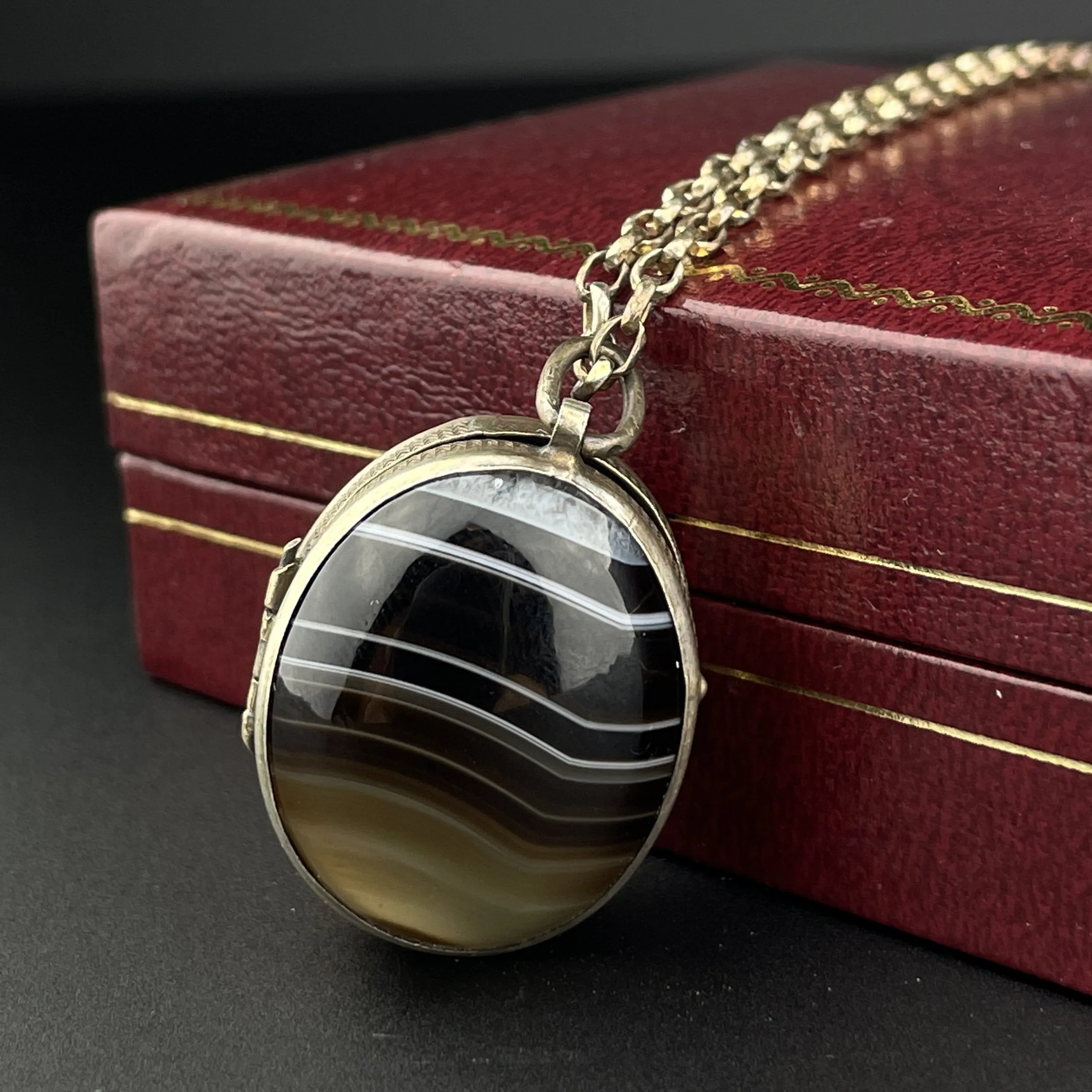 Victorian Silver Banded Agate Locket Pendant Necklace