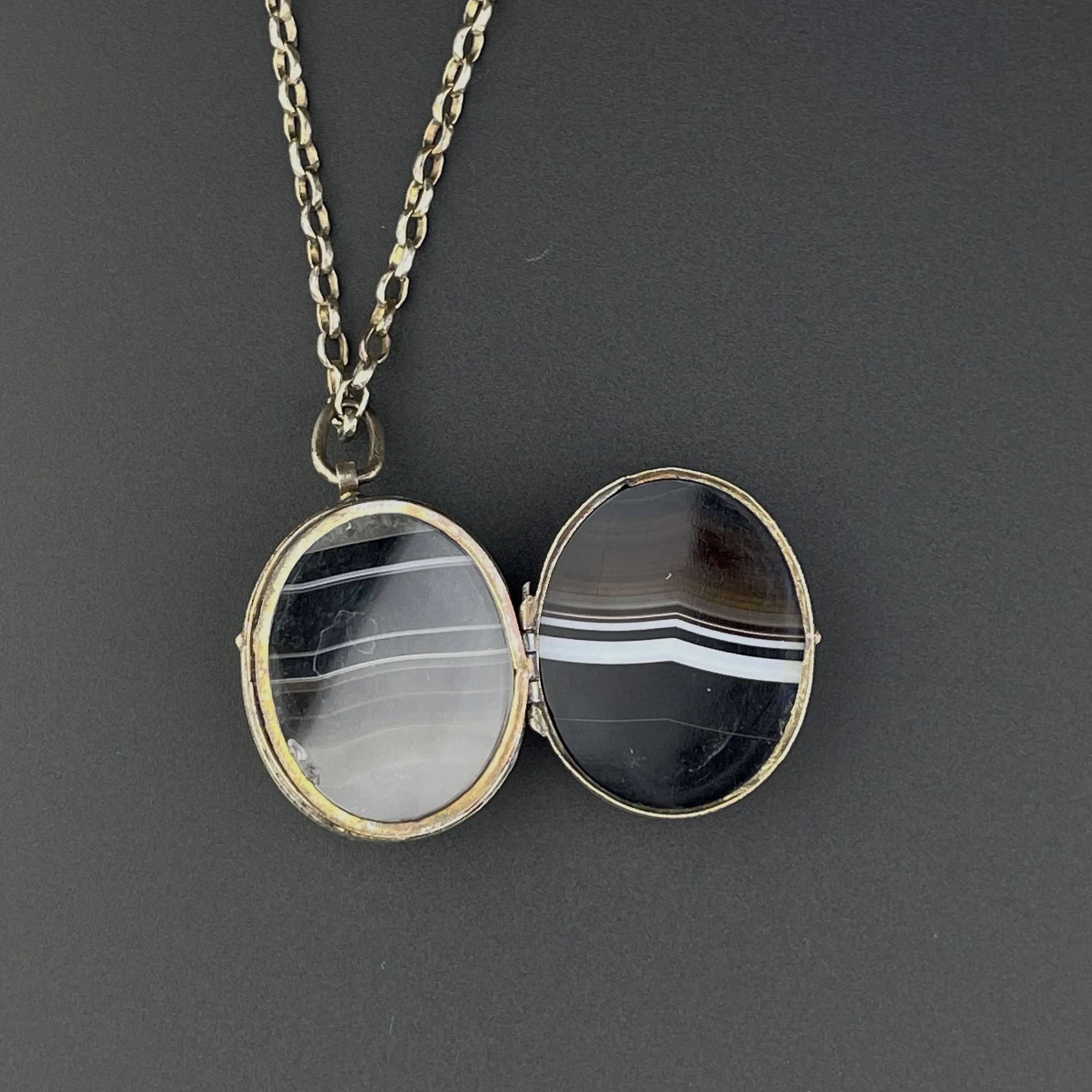 Victorian Silver Banded Agate Locket Pendant Necklace